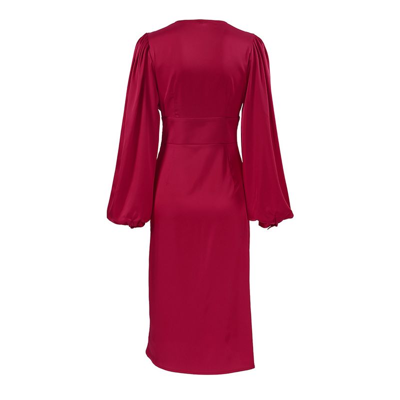 Gonna da donna con temperamento rosso, a coda di pesce, in raso di alta qualità, con maniche a lanterna e gonna di media lunghezza_voghion.com