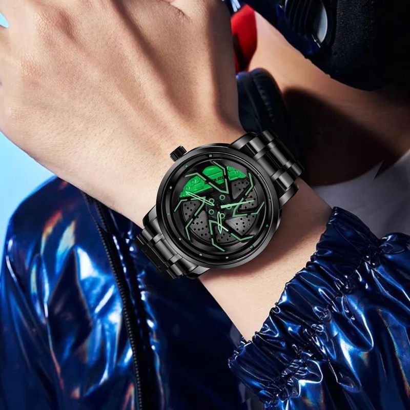 Steel Band Personality Cool Men's Quartz Watch Trend Fashion Rotating Car Outline Watch Box_voghion.com