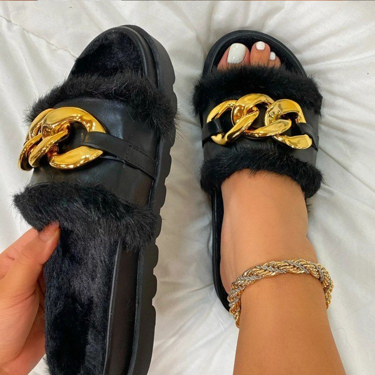 Women's furry slippers chain metal sandals women's casual outer slippers manufacturer wholesale_voghion.com