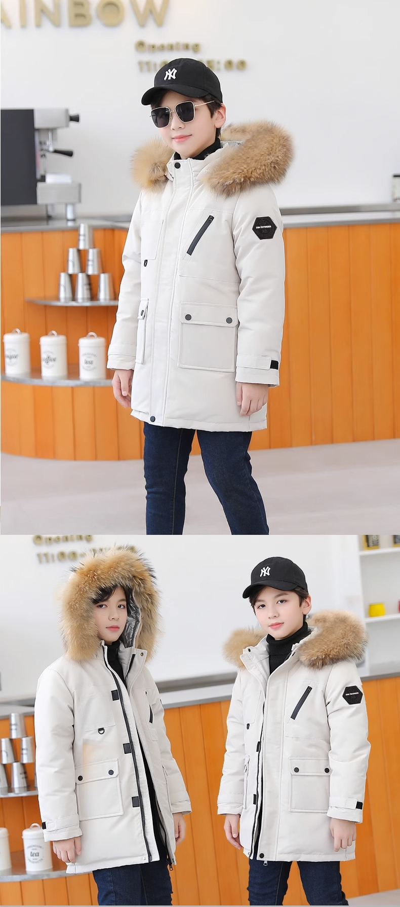 Cappotto imbottito per bambini e ragazzi, soprabito, cappotto in autunno e inverno, cappotto imbottito per bambini con cappuccio, ampio colletto di lana, cappotto imbottito_voghion.com