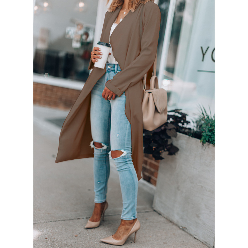 Abbigliamento da donna giacca a vento casual lunga autunno e inverno con risvolto tinta unita_voghion.com