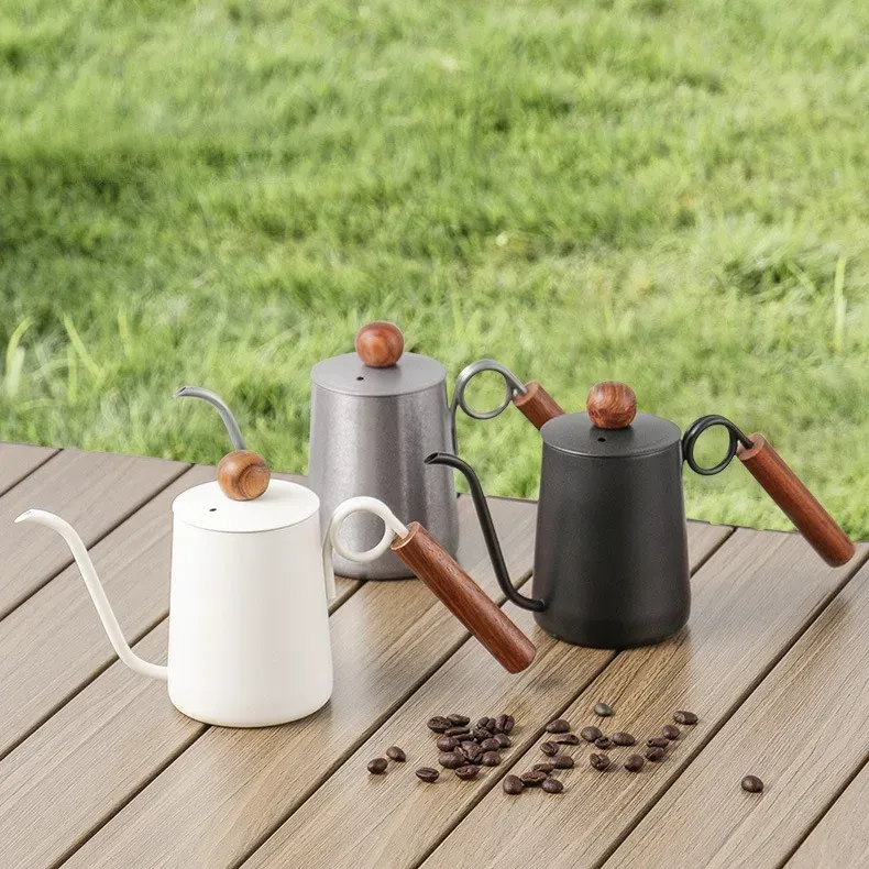 Caffettiera ad anello creativo in acciaio inossidabile 304, bollitore per caffè fatto a mano, teiera con manico in legno, caffettiera a collo di cigno con bocca stretta_voghion.com
