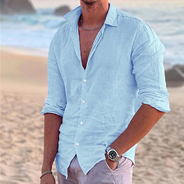 Camicie a maniche lunghe in cotone e lino tinta unita per uomini giovani e alla moda_voghion.com