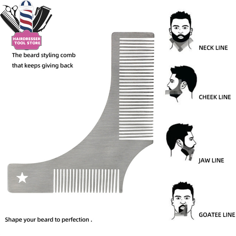 Pente para barba masculina de aço inoxidável Pente para cuidados com a barba Pente para estilo de barba Modelo para estilo régua Pente_voghion.com