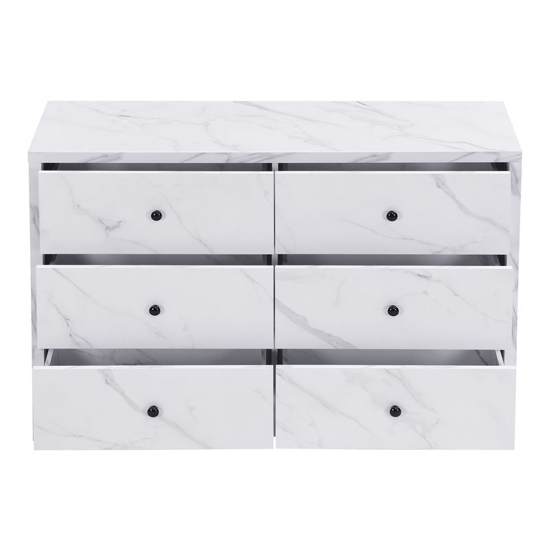 Buffet aspect marbre, 120 cm, 6 tiroirs, poignées en bois noir, sécurité anti-basculement - Meuble de rangement moderne pour la maison_voghion.com