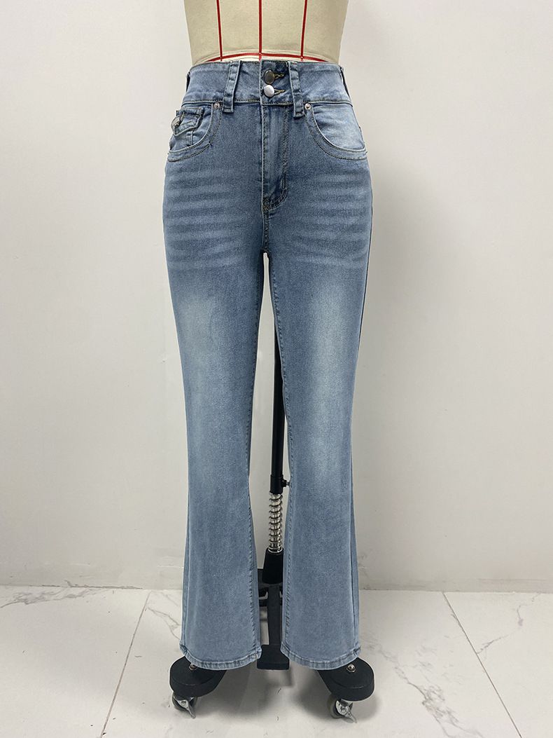 Double Button Mid Waist Straight Jeans Women's Slim Temperament Pants_voghion.com