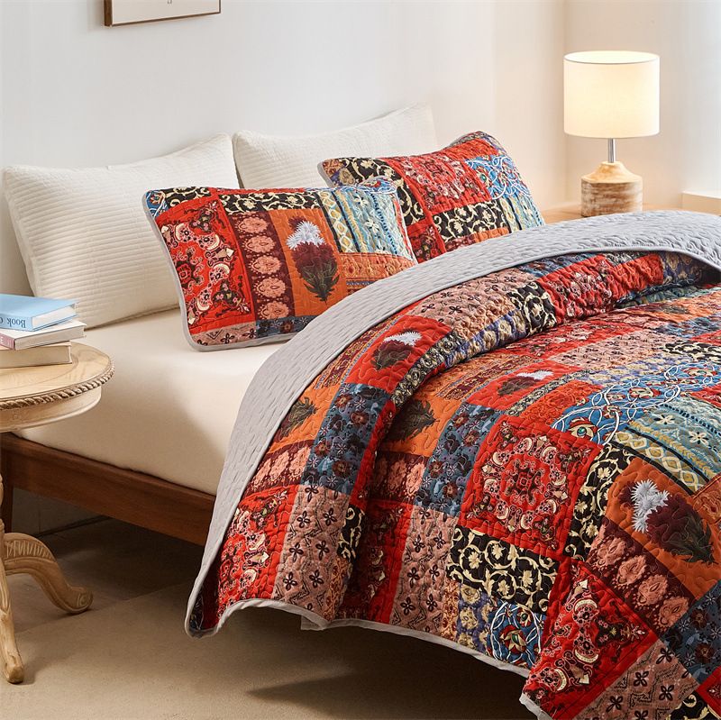 Zestaw narzut na łóżko w kwiaty w stylu boho – 3-częściowa, dwustronna poszewka na kołdrę (certyfikat OEKO-TEX®, nadruk cyfrowy) do sypialni w stylu boho i nowoczesnym stylu rustykalnym_voghion.com