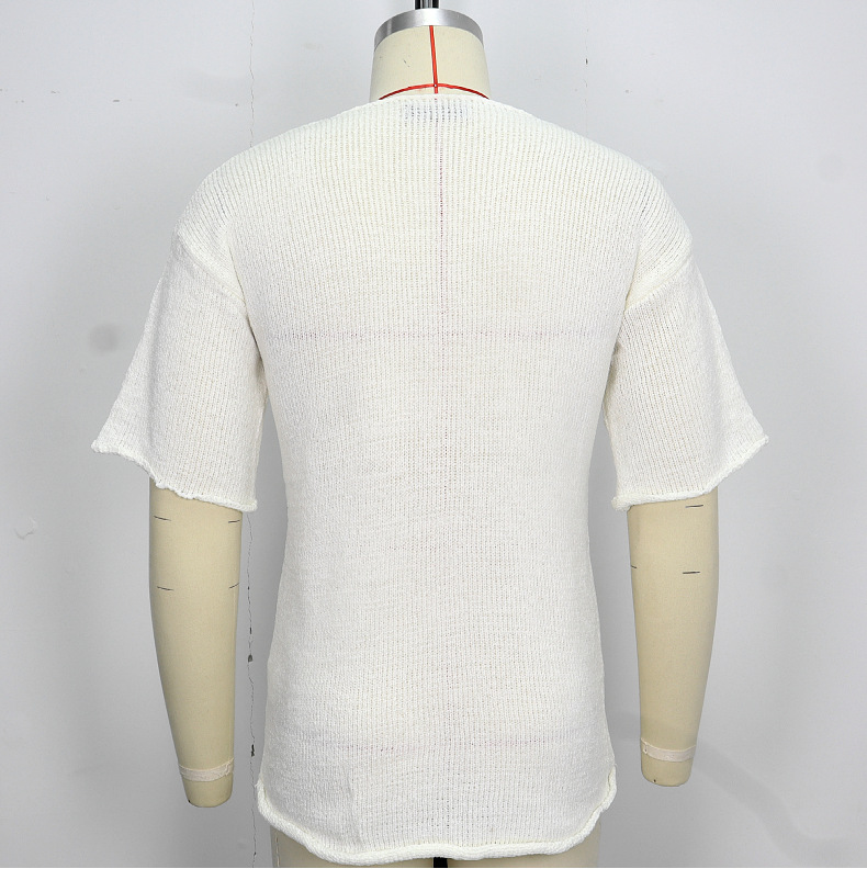 Herren Sommer neue Herren Strickwaren weiß V-Ausschnitt Kurzarm T-Shirt SY0144_voghion.com