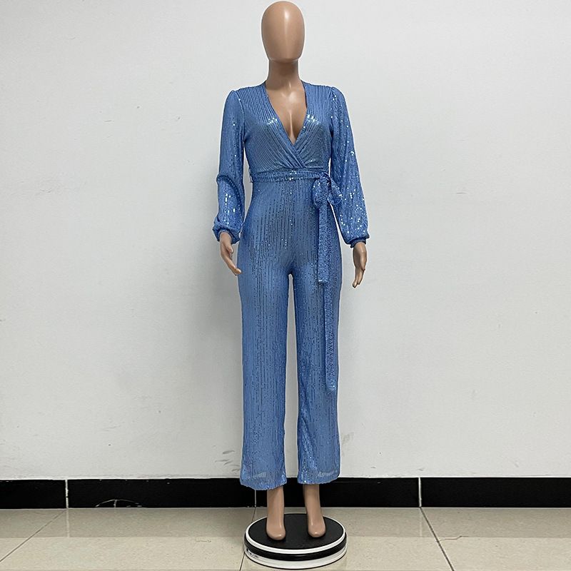 Damkläder Ins Style Deep V Mode Casual Jumpsuit Långärmat Bälte Paljett Jumpsuit Dam_voghion.com