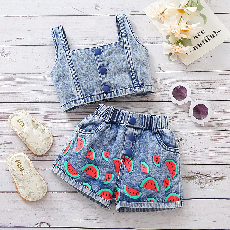 Conjunto de colete jeans com alças e shorts para meninas de verão da Mother&Kids_voghion.com