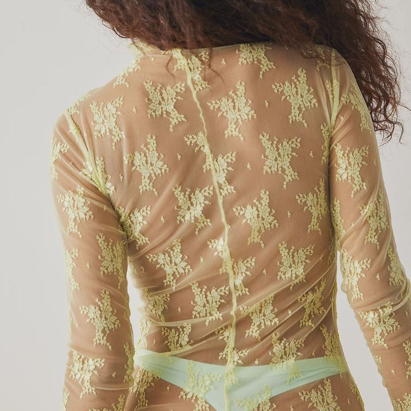 Lace Top With Semi-high Collar And See-through Mesh Base Layer; Sexy_voghion.com
