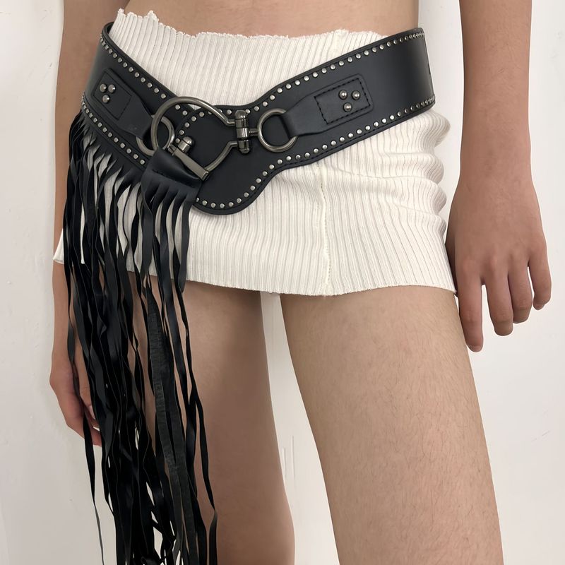 Punk Rock Fringe Waist Cincher - Adjustable Wide Belt With Chains & Studs For Edgy Layering_voghion.com