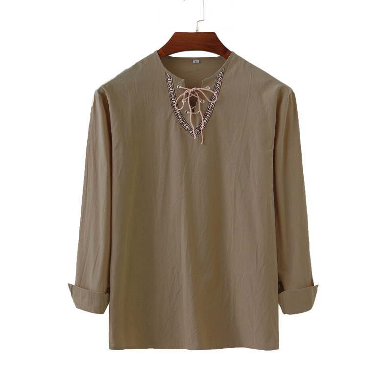 Camicia da uomo in lino e cotone a maniche lunghe con collo alto, nuova primavera e autunno 2025, tinta unita e ampia, con coulisse_voghion.com