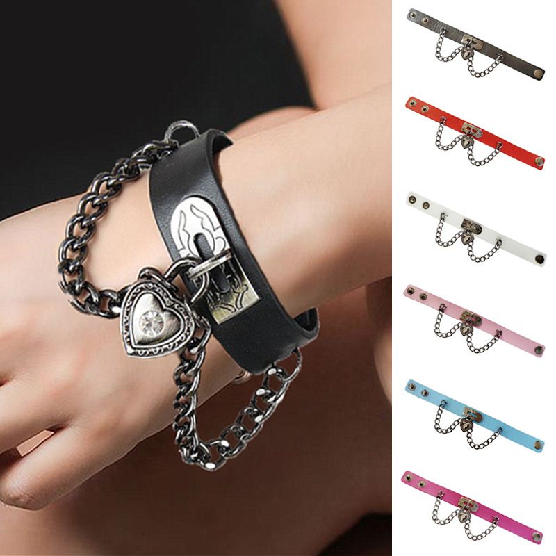 Personalized Punk Style Heart Lock Pendant Chain Adjustable Leather Bracelet Wristband_voghion.com