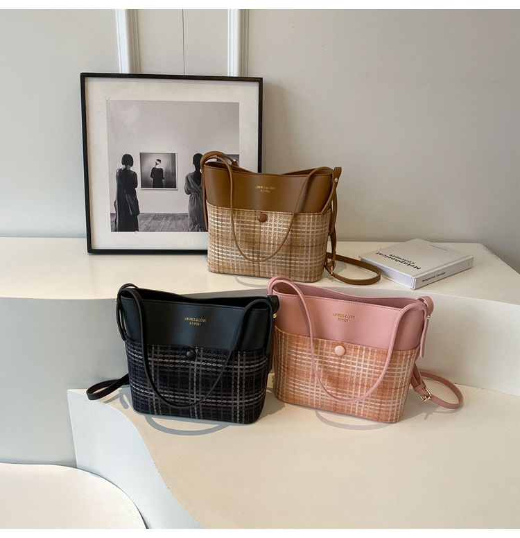 Borsa da donna Borsa a secchiello di grande capacità Borsa a tracolla portatile semplice retrò alla moda_voghion.com