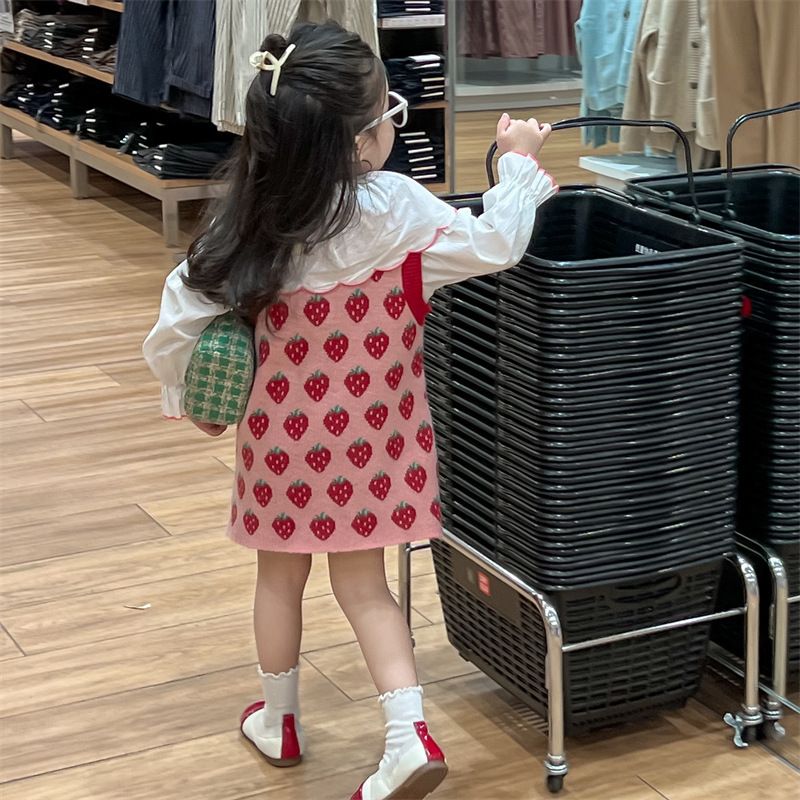 2024 Primavera Nuovo Coreano Bambini Vestiti Carino Ricamato Colletto Camicia Fragola Maglia Canotta Gonna per Ragazze_voghion.com