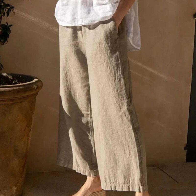 Geeignet für alle Jahreszeiten, lässig, vielseitig, 2025, neue, weite Beine für Damen, Herbst, elastische Taille, schlankmachende gerade Hose aus Baumwolle und Leinen_voghion.com