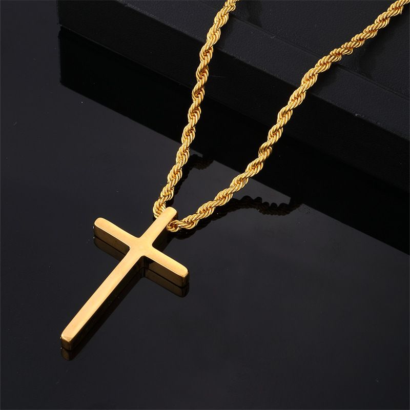Simples titânio aço brilhante cruz colar masculino estilo hip hop all-match suéter corrente pingente_voghion.com