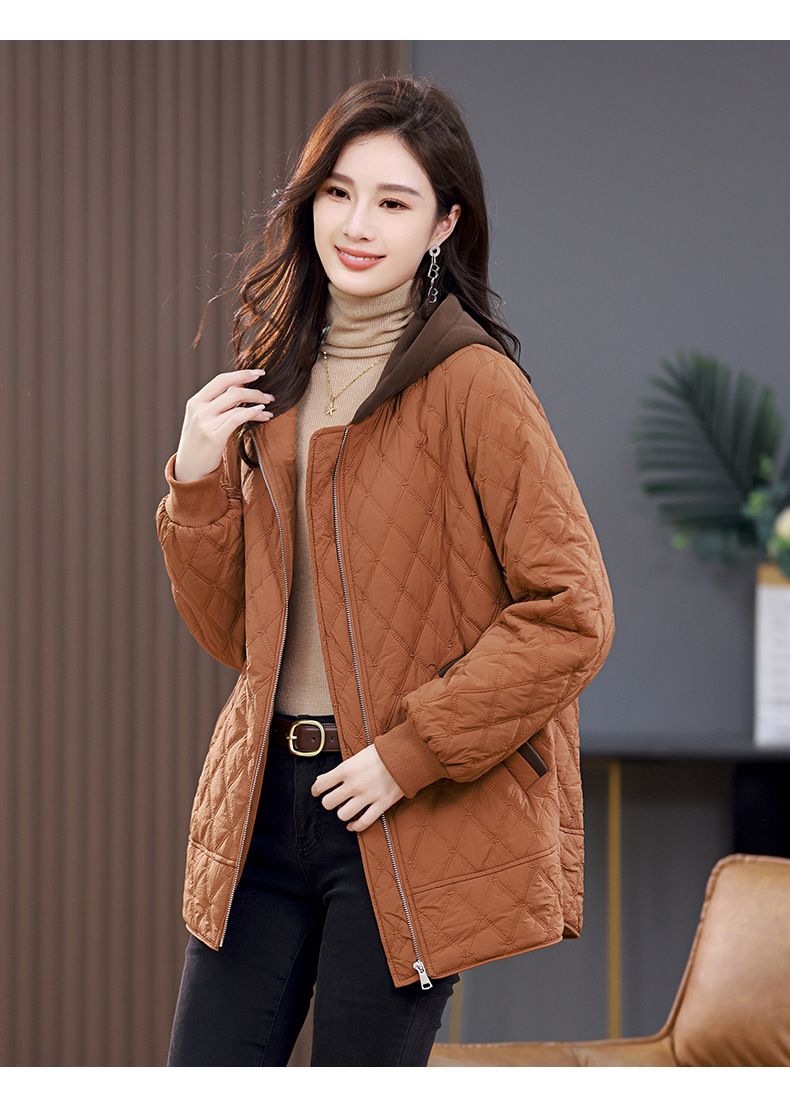 Damen Steppjacke neuer Stil mittellang modischer West-Stil Raute lässig dünner Baumwollmantel_voghion.com