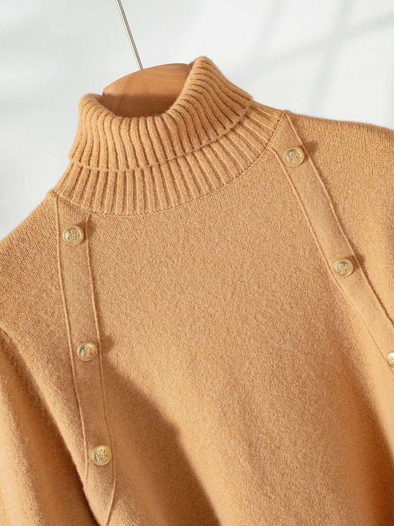 Elegante maglione da donna con bordo in pizzo – Pullover in maglia spessa con cintura in vita, dolcevita a maniche lunghe per autunno/inverno (S/M/L/XL)_voghion.com