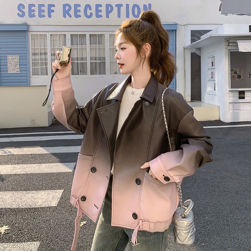 Giacca in pelle PU alla moda in stile coreano, taglia piccola, primavera 2025, grigio sfumato rosa per donna_voghion.com