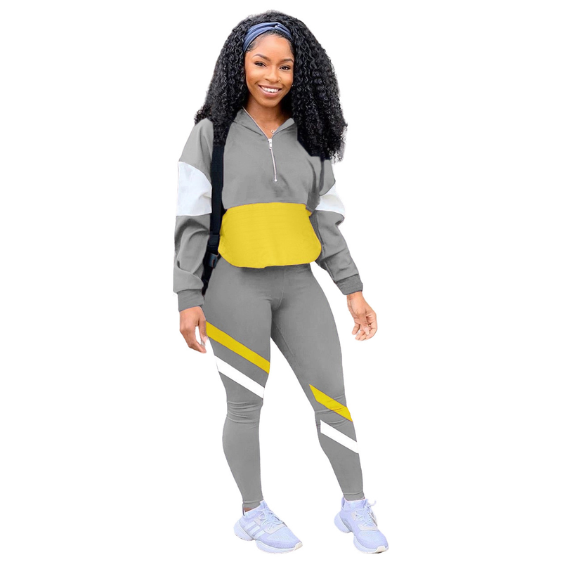 Zweiteiliger Freizeit-Sportanzug für Damen im Farb-Patchwork-Design_voghion.com