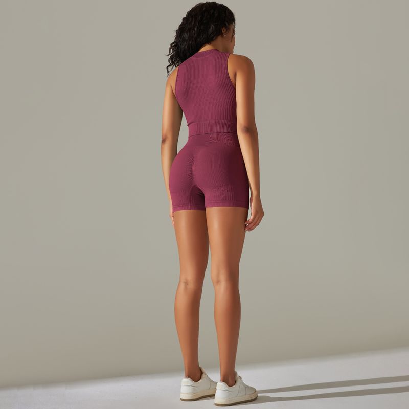 Ensemble de costume de Fitness en cours d'exécution de Yoga de sport de fermeture à glissière de fil tricoté sans couture six pièces_voghion.com