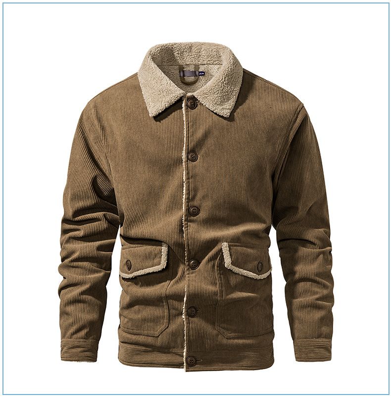 "Herrenjacke aus Cord und Lammfell mit Revers – Plüschiger, dicker Mantel in großer Größe (Schwarz/Grün/Hellbraun, S-XXL)"_voghion.com