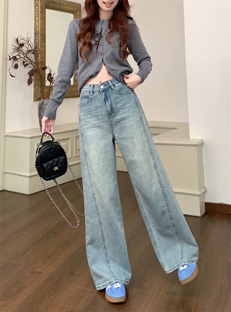 Weite Jeans im Frühlingsstil für Damen, neue hoch taillierte, gerade Beine mit hängendem Griff, bodenlange Hose_voghion.com