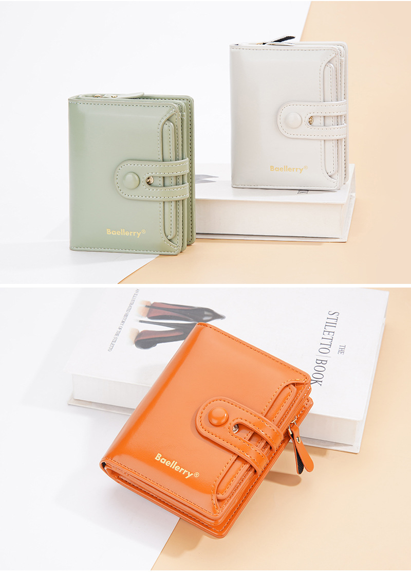 Portafoglio da donna corto Baellerry in pelle cerata lucida doppia fibbia portamonete con cerniera portacarte femminile_voghion.com