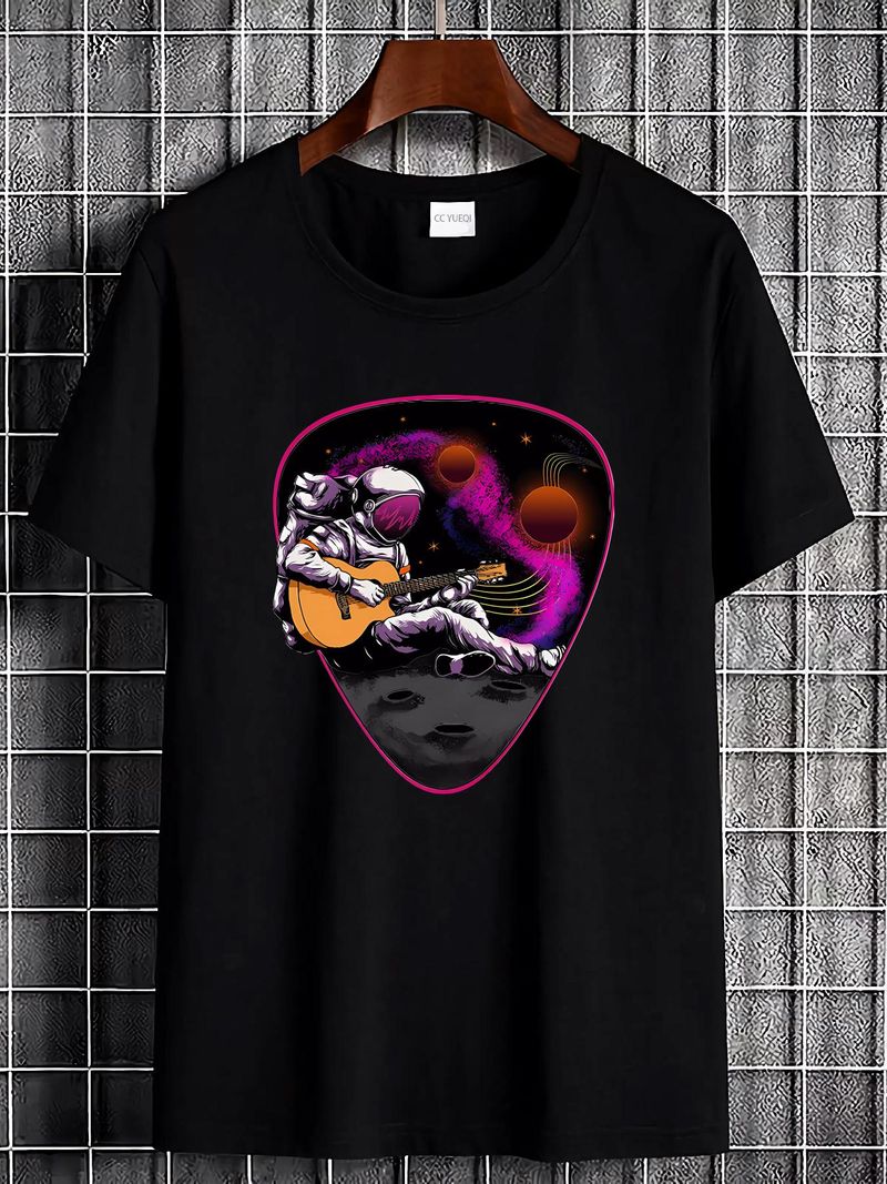 Un astronauta che suona la chitarra, maglietta da uomo in cotone con scritta Space Rock, elegante, versatile, stile grafico, casual._voghion.com