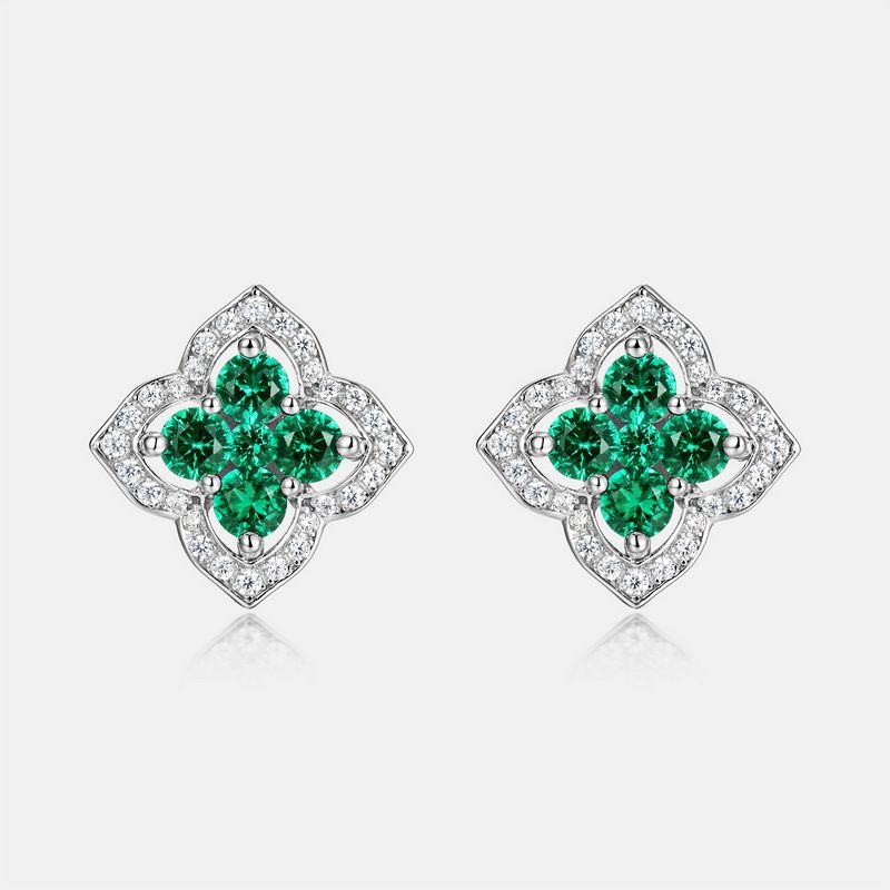 Orecchini a bottone in argento puro placcato oro con quadrifoglio in stile palazzo, smeraldo coltivato cavo, per donna_voghion.com