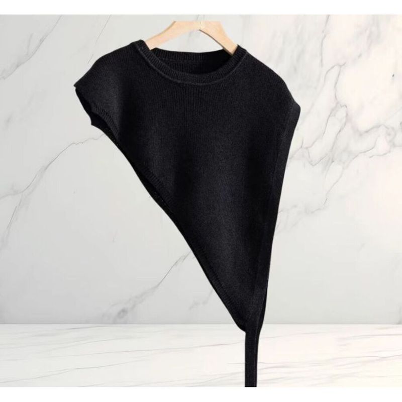 Dreieckiger, asymmetrischer Schal/Weste/Oberbekleidung, gestrickt, hochwertig, mehrlagiges Banddesign, schlicht, einfarbig, zweifarbig, Damen_voghion.com