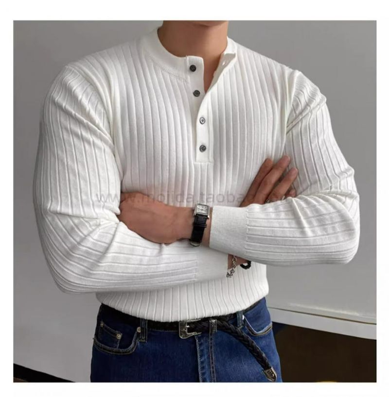 Maglione lavorato a maglia a maniche lunghe con colletto alla coreana in stile primaverile e autunnale, t-shirt slim fit versatile e alla moda, molto venduta per uomo_voghion.com
