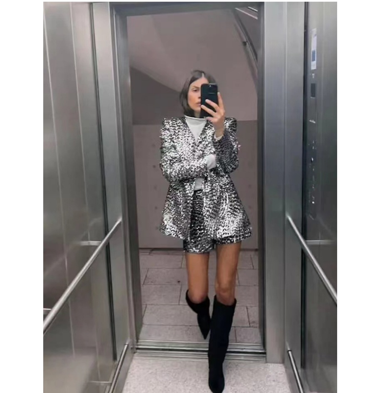 fashion beaded women's casual blazer high-waisted casual shorts_voghion.com