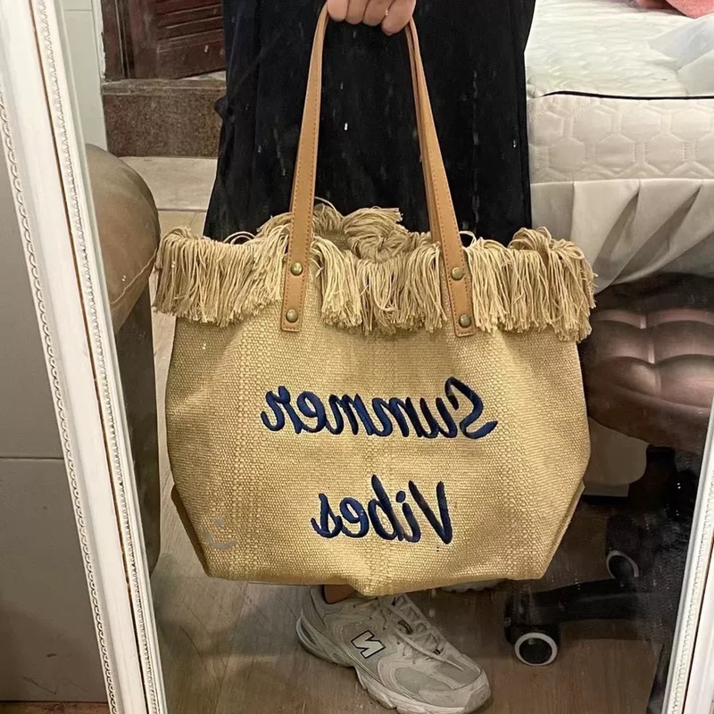 Canvas Women's Bags, Canvas Embroidered Monogrammed Tote Bags, Women's Woven Beach Bags, Shoulder Bags Handbags_voghion.com