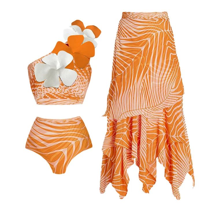 Ensemble bikini pour femme, asymétrique épaule dénudée, imprimé fleur saumon, maillot de bain fendu_voghion.com
