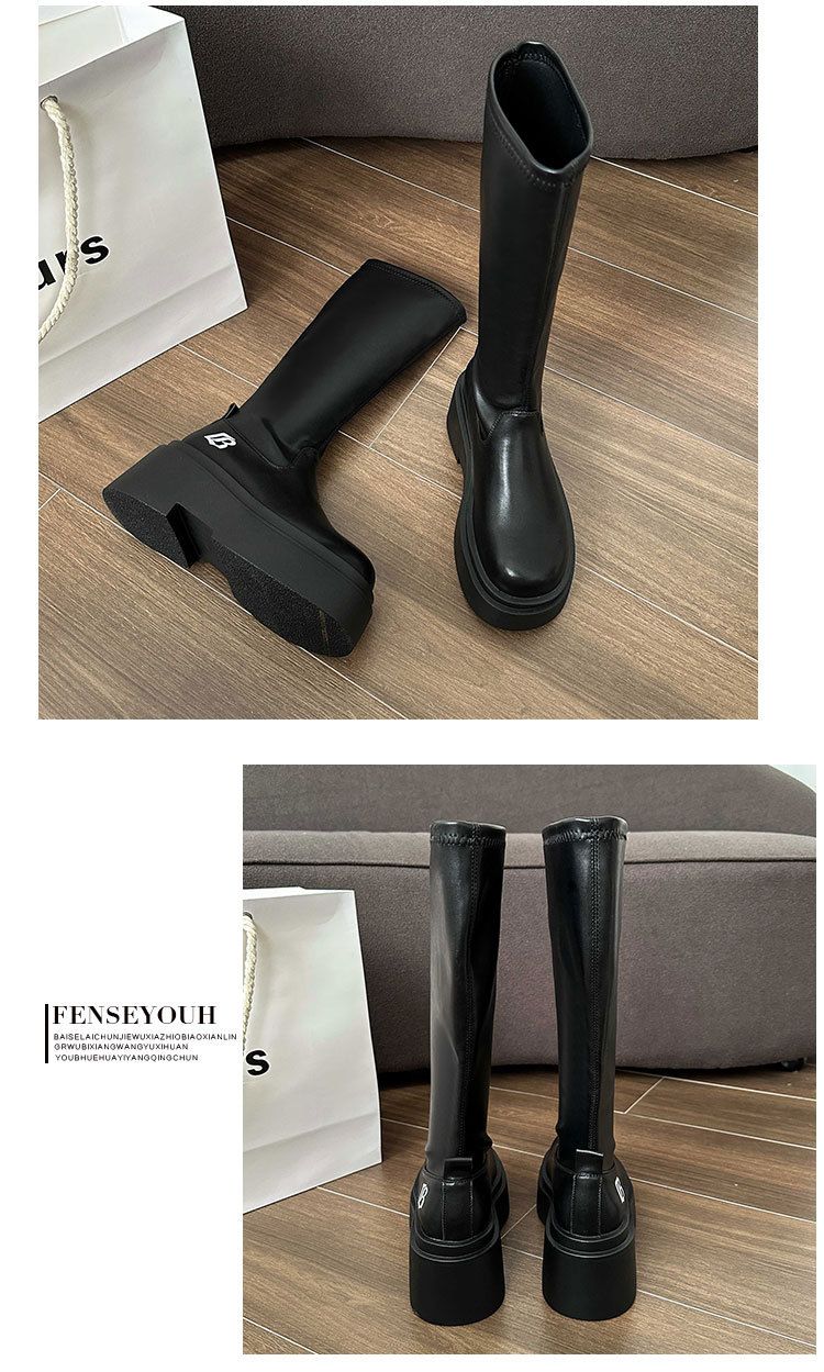 Knielengte Lang Voor Vrouwen, Elastische Slanke Laarzen, 2024 Herfst Nieuw Item, Kleine Hoogte Toenemende Dikke Zool Modieus_voghion.com