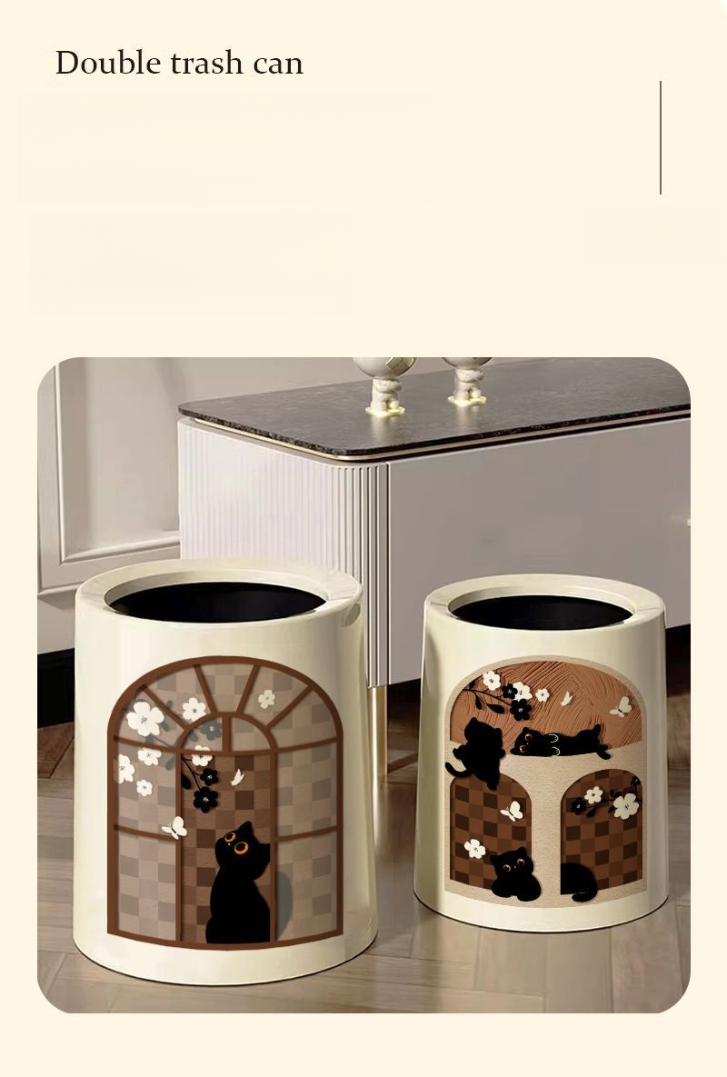 Chinese Style Cat Creative Household Large Capacity Living Room Kitchen Bathroom Trash Can Inner And Outer Double Bin_voghion.com