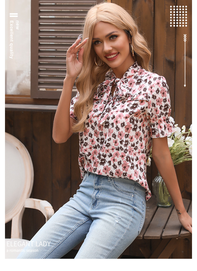 Top rosa a maniche corte Camicie floreali larghe con fiocco stampato_voghion.com