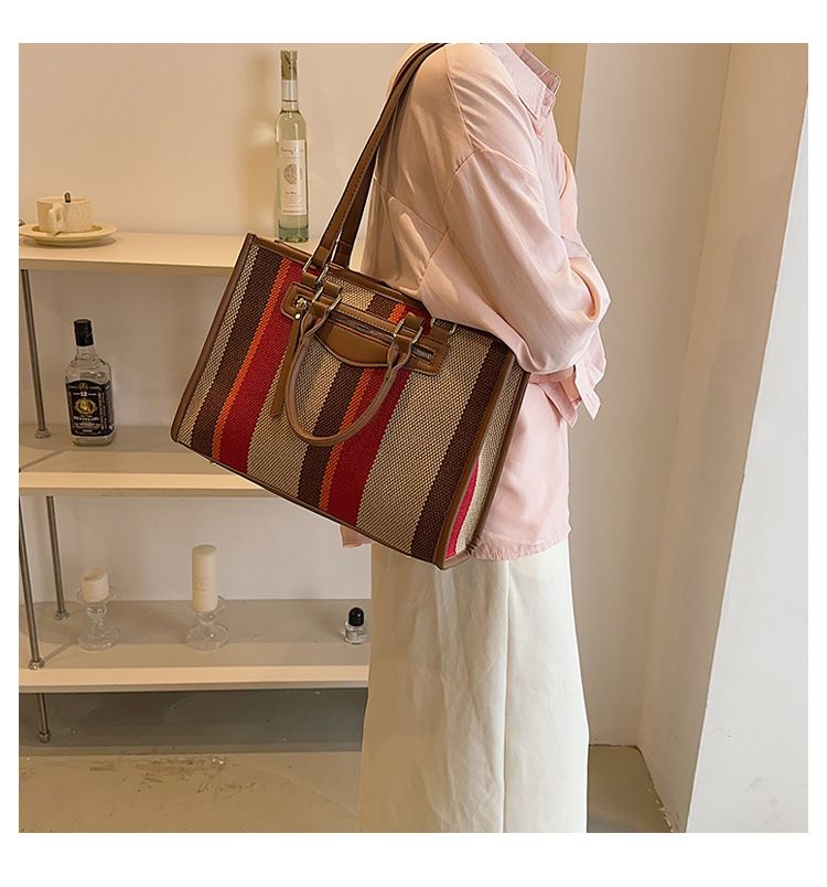 Baigou Luggage, Canvas Tote Bag, Women's 2024 New Contrasting Striped Handbag, Large Capacity Shoulder Bag_voghion.com