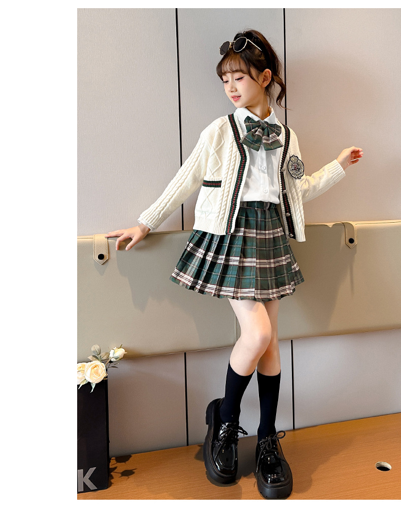Frühlings- und Herbstanzüge für Mädchen von Zhongda, dreiteiliges Set für Kinder im College-Stil, Pullover, Strickjacke, Hemd, Faltenrock_voghion.com