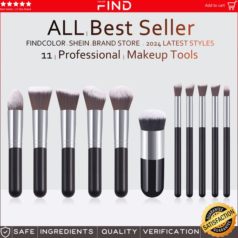 Ensemble de 11 pinceaux de maquillage couleur champagne : 5 grands et 5 petits pinceaux, dont un pinceau à fond de teint épais unique._voghion.com