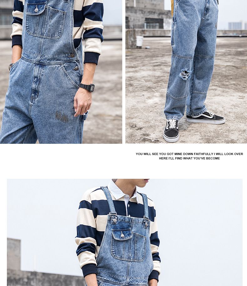 Man's clothing Men's denim overalls couple ripped loose straight jumpsuit wide leg overalls suspenders ins Daddy pants_voghion.com