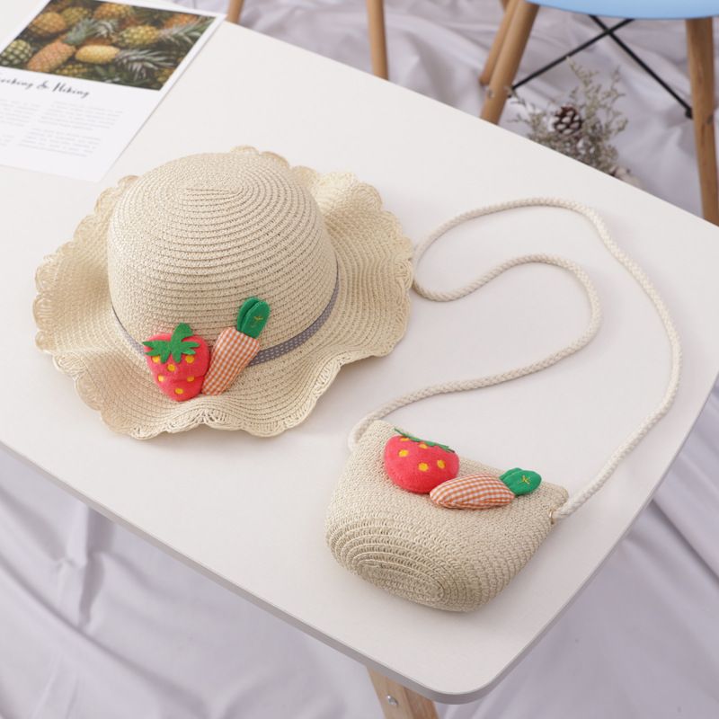 Vendita calda ragazze paglia turismo fiore bambini cappello da sole e borsa set bambino all'aperto largo tesa secchio cappelli set_voghion.com