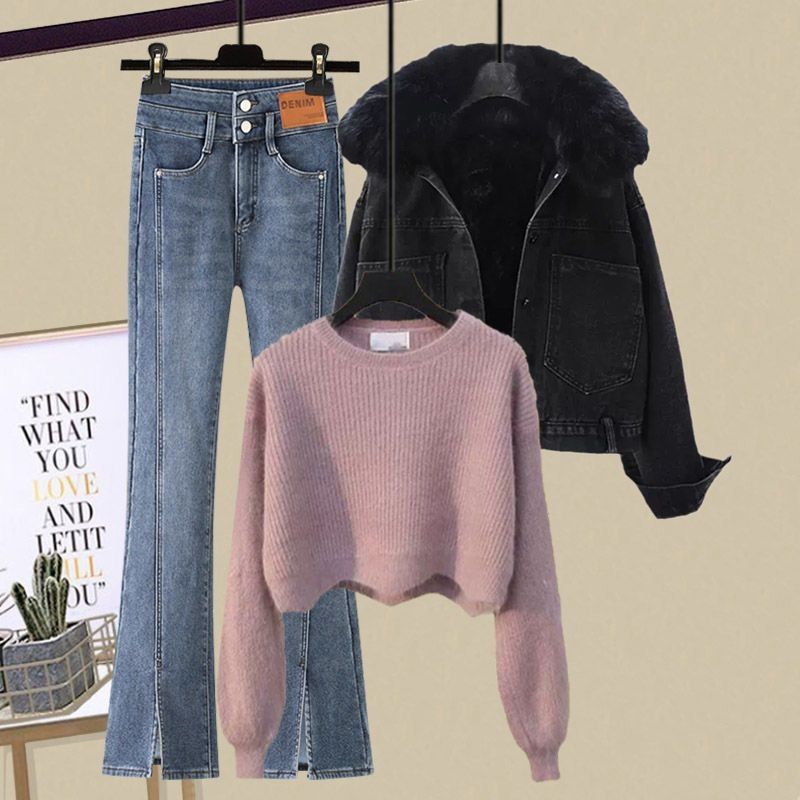 Damkläder Plus Size Dam höst- och vinterkostymer 2024 Nya förtjockade kappor Kvinnors mångsidiga stickade tröjor Jeans Tredelade kostymer_voghion.com