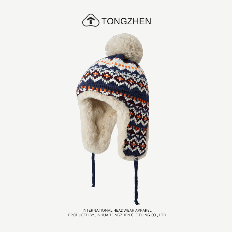 Estilo étnico jacquard malha feminina no outono e inverno, pelúcia Lei Feng para passeios, esqui, proteção auricular, lã_voghion.com
