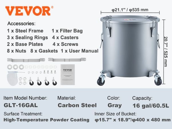 VEVOR Fryer Grease Bucket, 16 Gal Oil Disposal Caddy With Caster Base, Carbon Steel Rust-Proof Coating, Oil Transport Container With Lid, Lock Clips, Filter Bag For Hot Cooking Oil Filtering, Gray_voghion.com