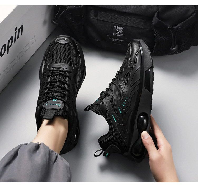 Chaussures de sport à coussin d'air pour hommes, basses à lacets, noires, Mamba, en maille, semelle épaisse, pour papa, nouvelle collection 2024_voghion.com