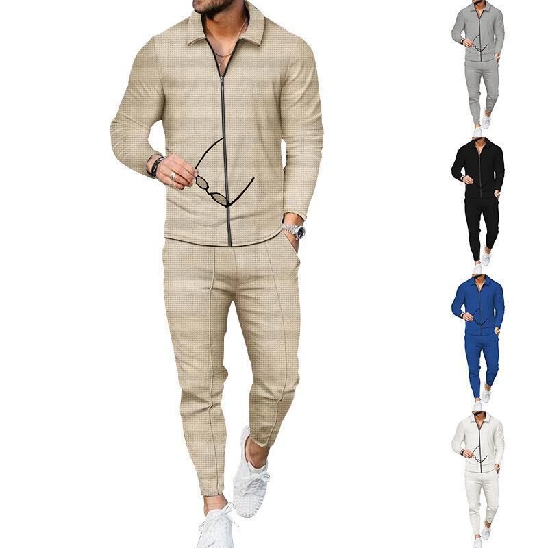 Outono e inverno novo terno casual, manga waffle calças compridas conjunto de duas peças, terno masculino_voghion.com